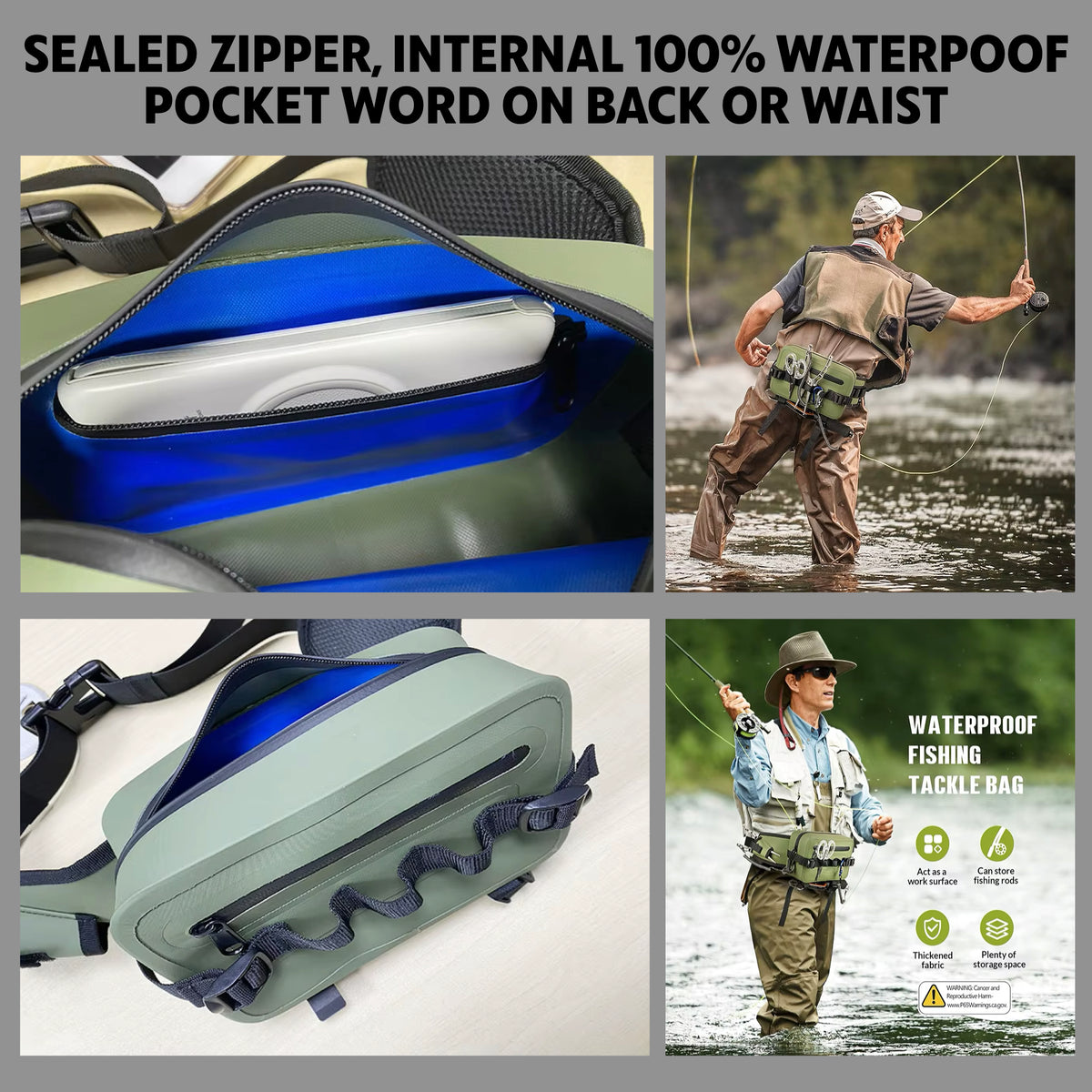 Waterproof Tackle Bag + Hands-Free Rod Holder Clip (waistbag or backpack)