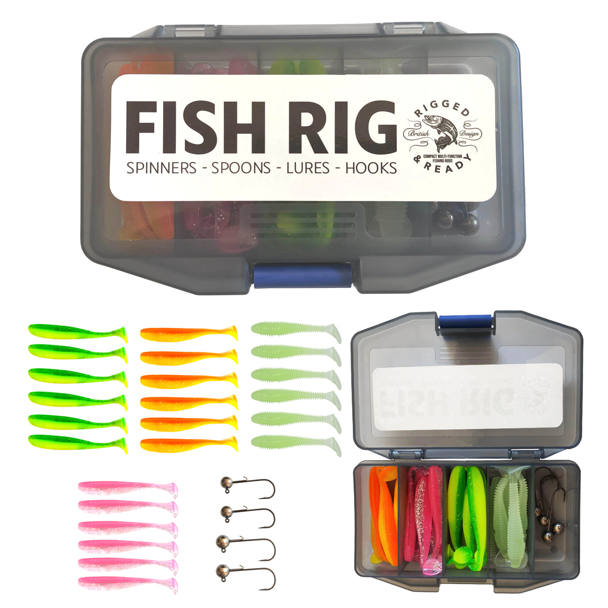 Fish Rig – Soft T-Tail Minnow Lure Kit+4 Tungsten Jigs–28 Piece Fishing Tackle Set