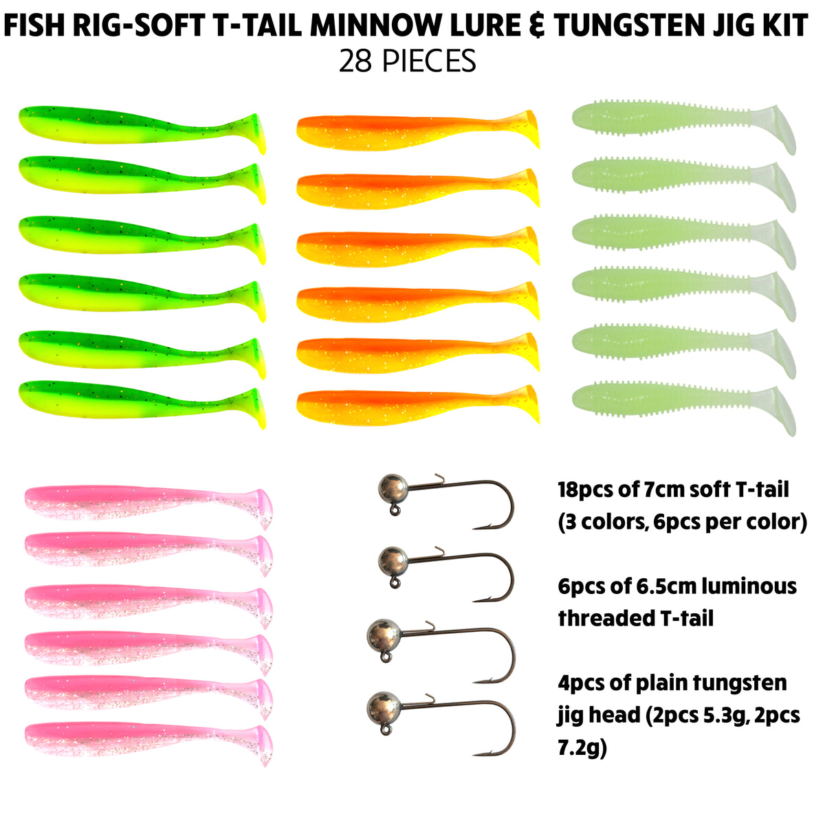 Fish Rig – Soft T-Tail Minnow Lure Kit+4 Tungsten Jigs–28 Piece Fishing Tackle Set
