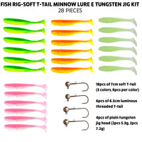 Fish Rig – Soft T-Tail Minnow Lure Kit+4 Tungsten Jigs–28 Piece Fishing Tackle Set