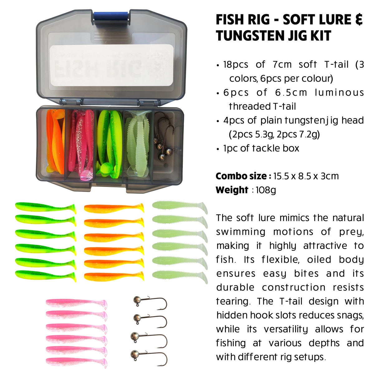 Fish Rig – Soft T-Tail Minnow Lure Kit+4 Tungsten Jigs–28 Piece Fishing Tackle Set