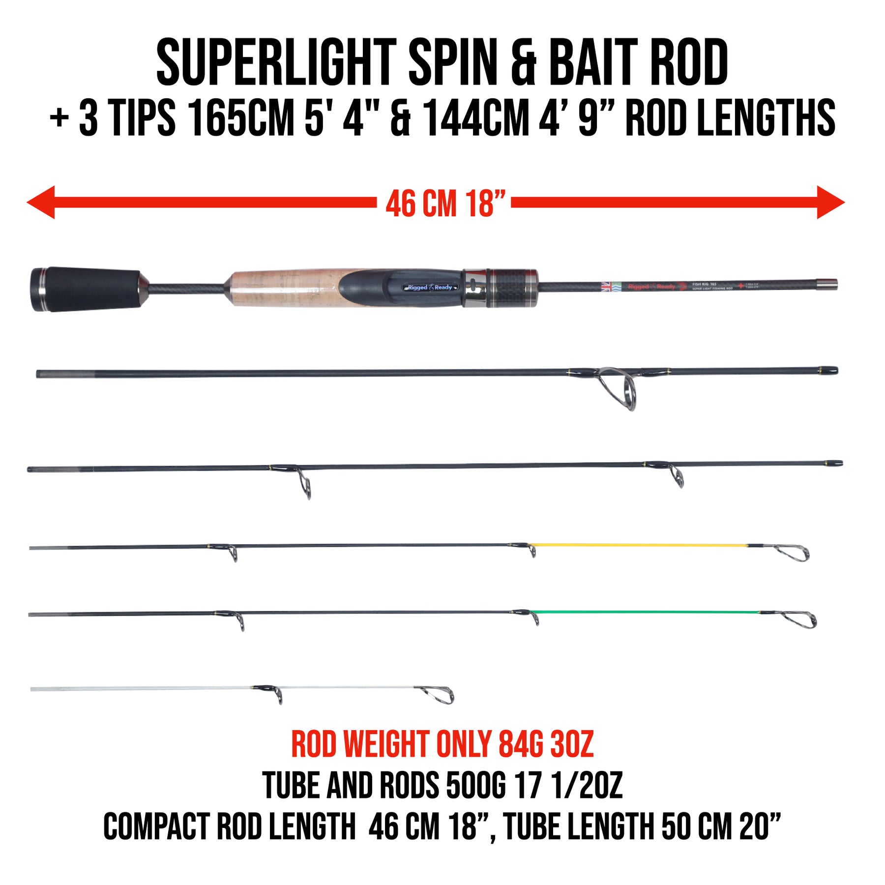 Fish Rig 165 Super-Light Rod, Reel, Case Combo+3 tips. 165 cm 5’4” + 1