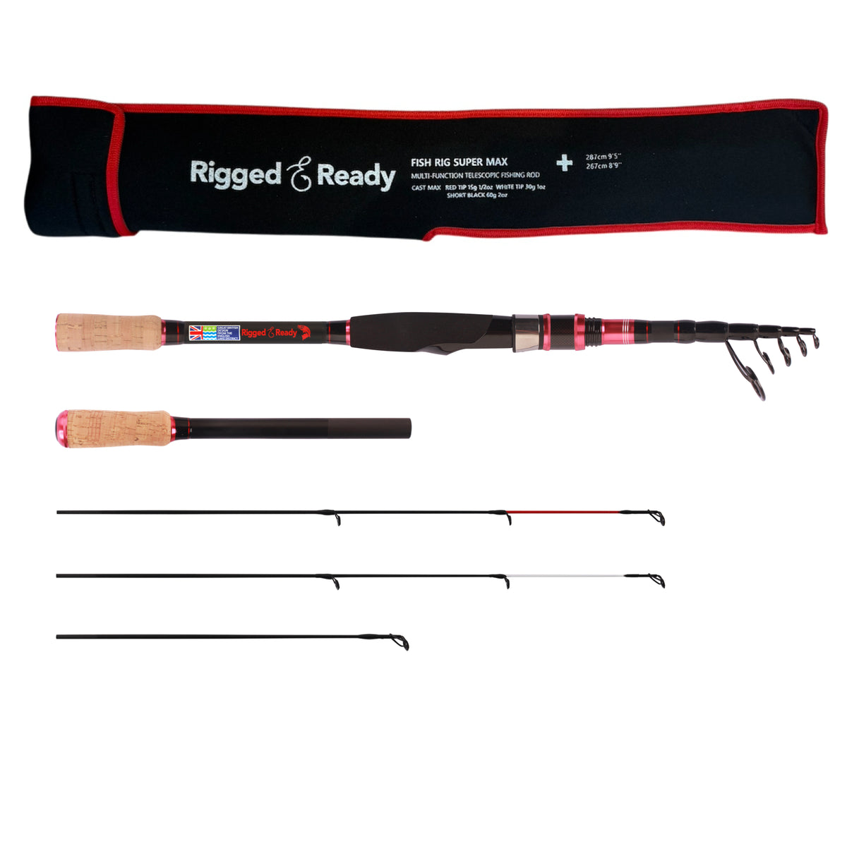 Fish Rig Super Max Telescopic Fishing Rods, 3 Tips, 9'5”/8'9”, Travel