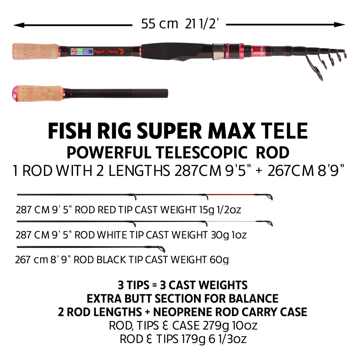 Fish Rig Super Max Telescopic Fishing Rods, 3 Tips, 9’5”/8’9”, Travel Fishing Rod, Tele Rod for Lure, Carp, Feeder, Ledger & All-Round Fishing