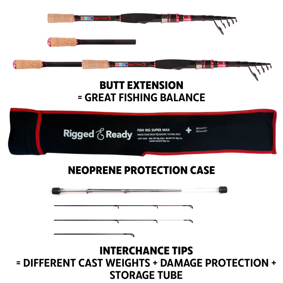 Fish Rig Super Max Telescopic Fishing Rods, 3 Tips, 9’5”/8’9”, Travel Fishing Rod, Tele Rod for Lure, Carp, Feeder, Ledger & All-Round Fishing