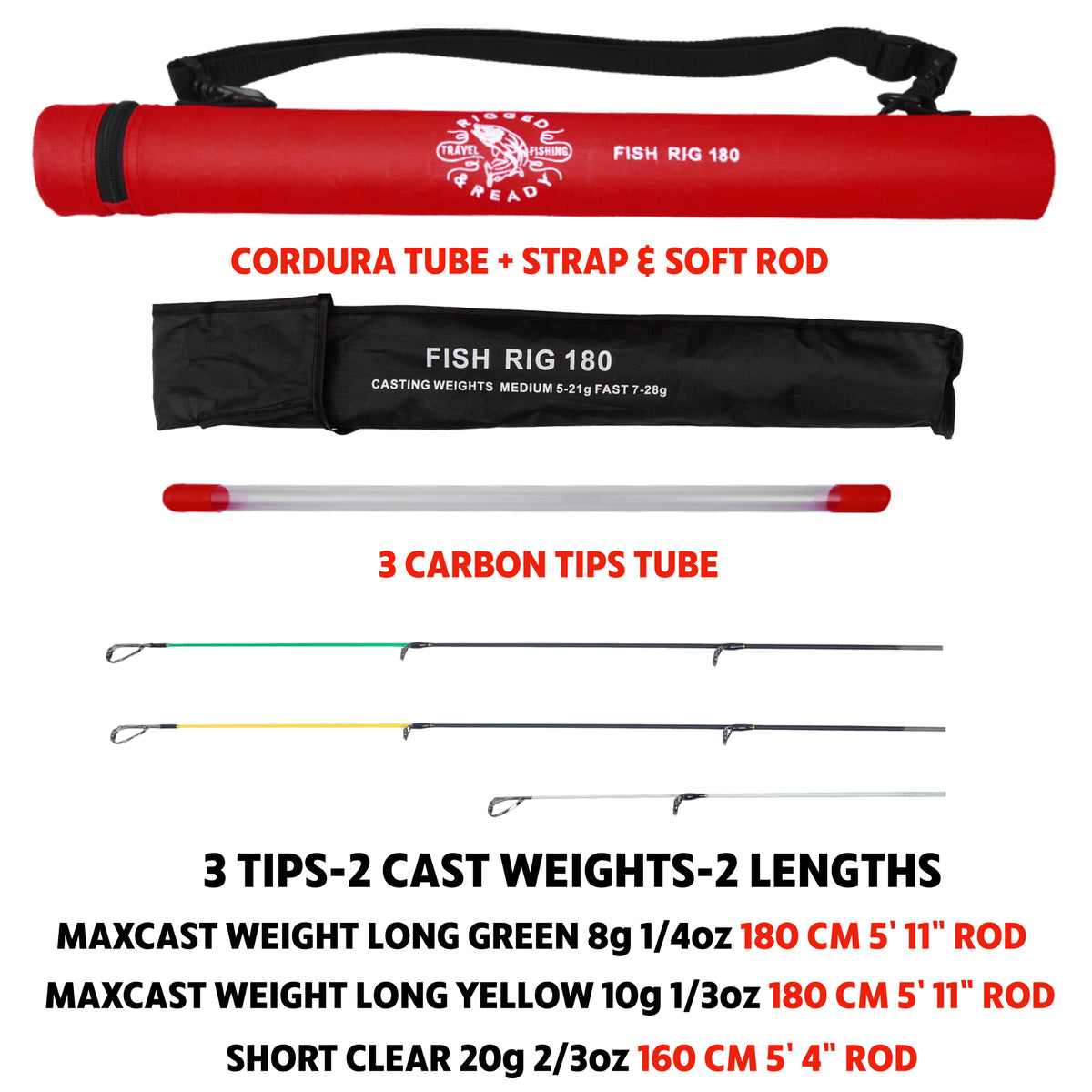 Fish Rig 180. Super Lightweight Tele Rod 180 5' 11"  & 160cm 5' 4" Options + 3 Tips