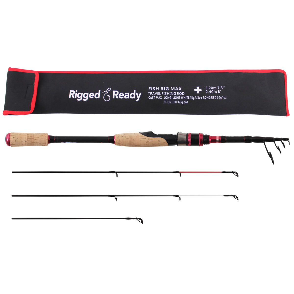 Fish Rig Max. Spin Telescopic Powerful Rod. One Rod 240cm 8' & 220cm 7' 3" Lengths +3 tips