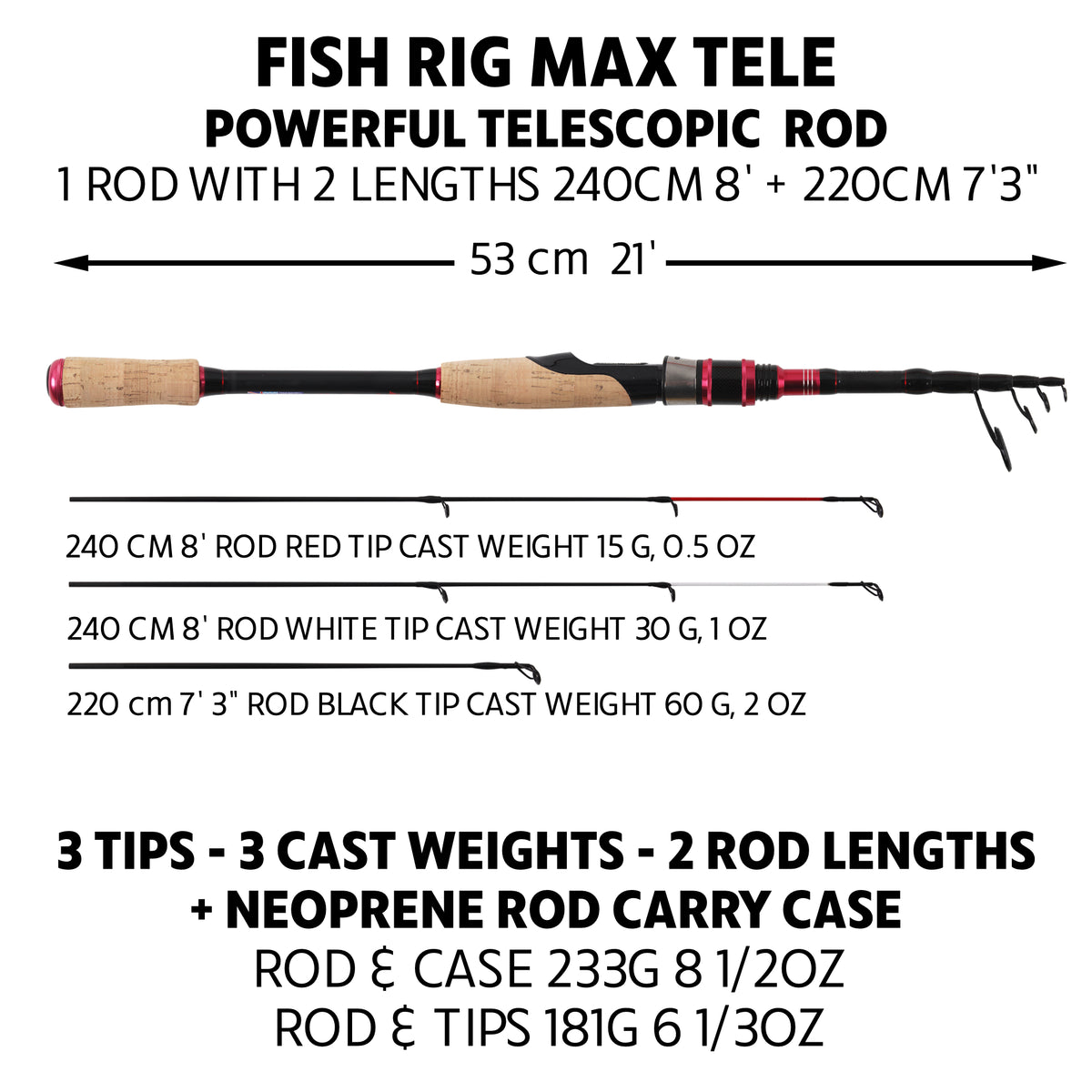 Fish Rig Max Cast-Spin Tele Rod 240 & 210cm Options + 3 Tips Fish Rig Max Cast-Spin Tele Rod 240 & 210cm Options + 3 Tips