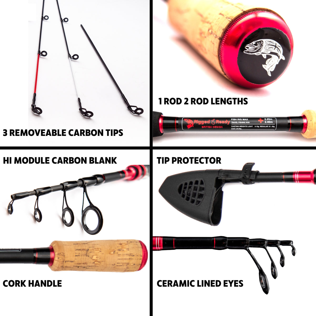 Fish Rig Max. Spin Telescopic Powerful Rod. One Rod 240cm 8' & 220cm 7' 3" Lengths +3 tips