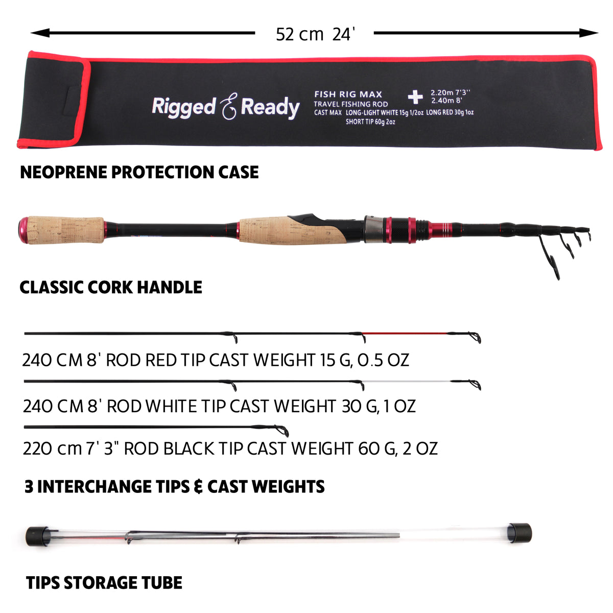 Fish Rig Max. Spin Telescopic Powerful Rod. One Rod 240cm 8' & 220cm 7' 3" Lengths +3 tips