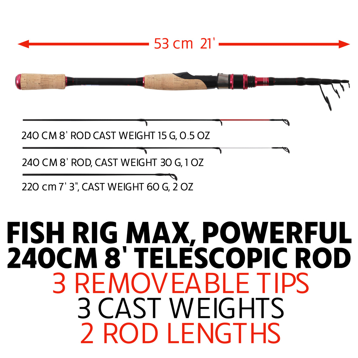 Fish Rig Max. Spin telescopic powerful rod 240cm 8' & 220cm 7' 3" options + 3 tips