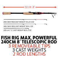 Fish Rig Max. Spin telescopic powerful rod 240cm 8' & 220cm 7' 3" options + 3 tips