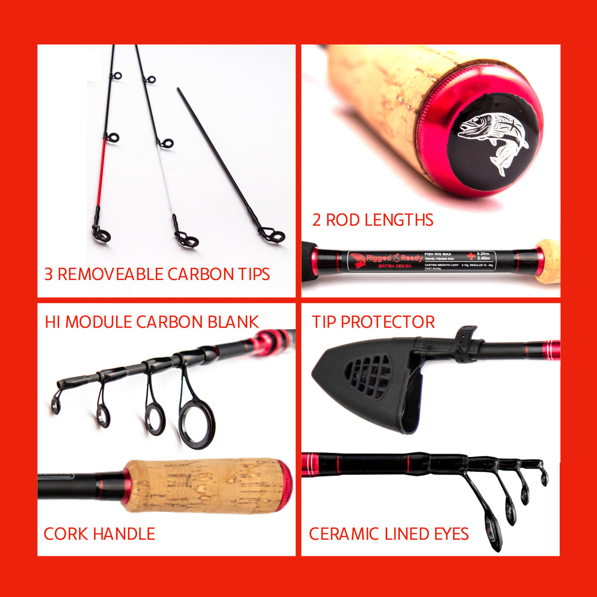Fish Rig Max. Spin telescopic powerful rod 240cm 8' & 220cm 7' 3" options + 3 tips
