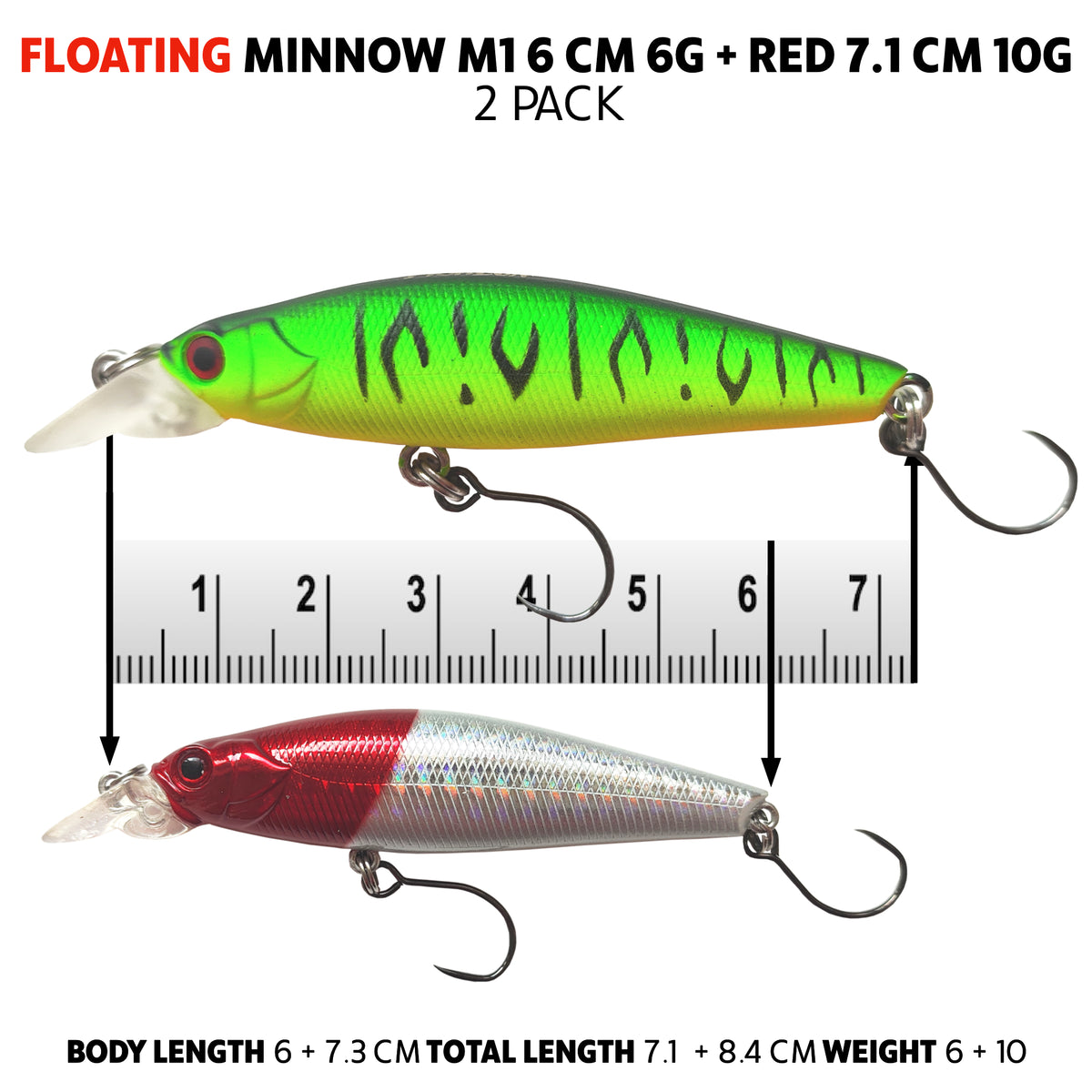 Fish Rig Floating Minnow - 2 Pack - Green 7.1cm 10g + Red cm 6g - Fish Rig Premium Barbless Lures + VMC Hooks