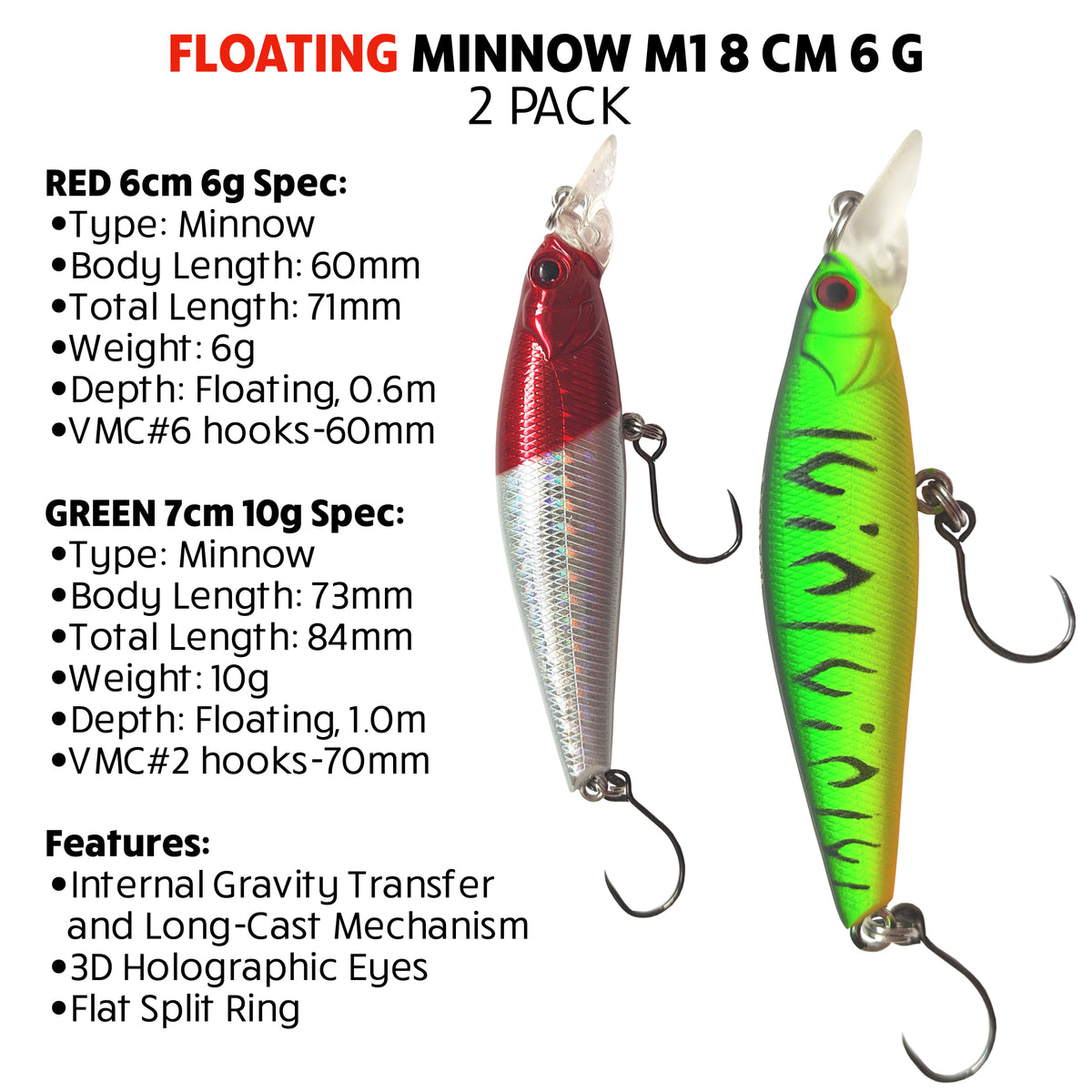 Fish Rig Floating Minnow - 2 Pack - Green 7.1cm 10g + Red cm 6g - Fish Rig Premium Barbless Lures + VMC Hooks