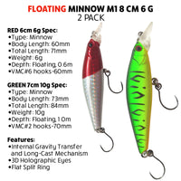 Fish Rig Floating Minnow - 2 Pack - Green 7.1cm 10g + Red cm 6g - Fish Rig Premium Barbless Lures + VMC Hooks