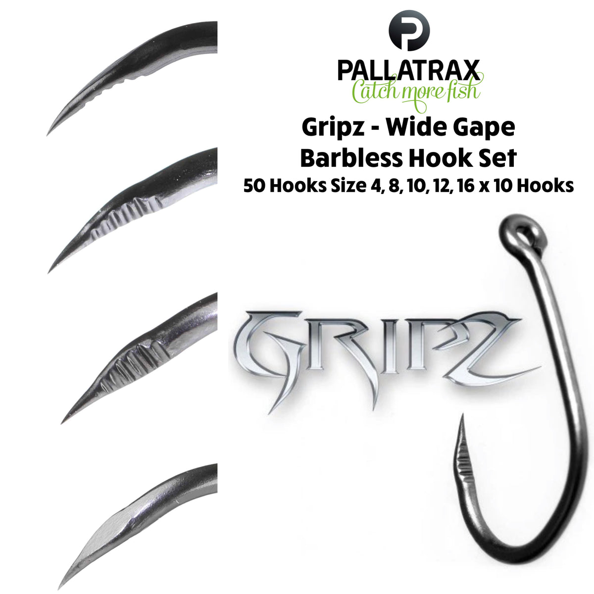 Gripz-Wide Gape Barbless Hook Set. 50 Hooks 5 Sizes 4, 8, 10, 12, 16 x 10 Hooks