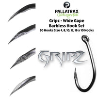 Gripz-Wide Gape Barbless Hook Set. 50 Hooks 5 Sizes 4, 8, 10, 12, 16 x 10 Hooks