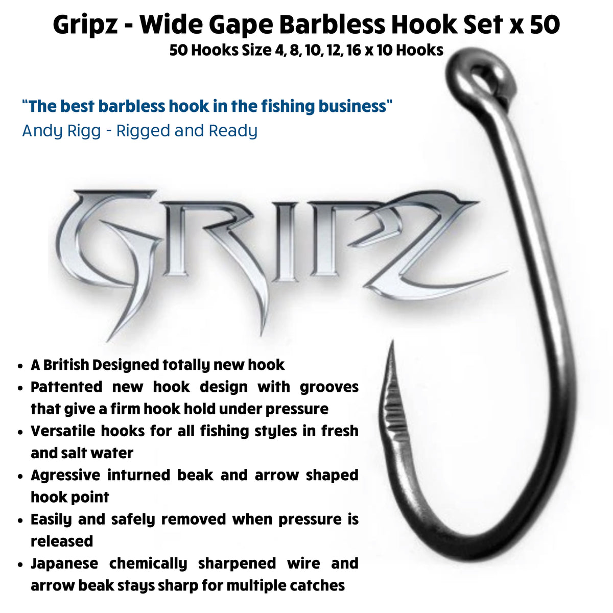 Gripz-Wide Gape Barbless Hook Set. 50 Hooks 5 Sizes 4, 8, 10, 12, 16 x 10 Hooks