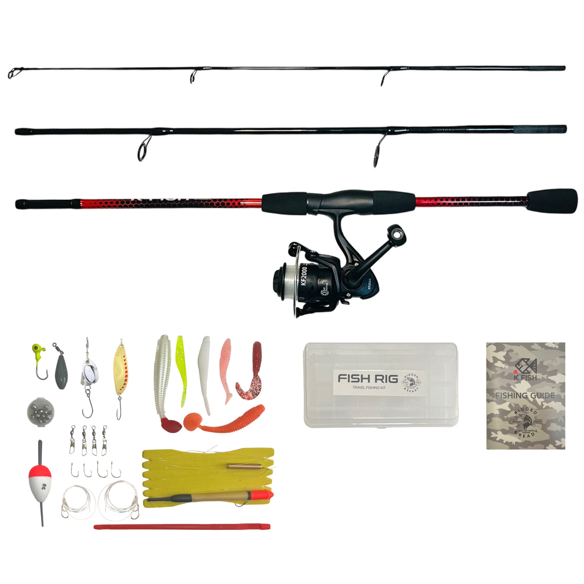 K Fish Combo By Rigged & Ready. 170cm Rod, Reel, Line, Tackle Box, Tackle, Fishing Guide (60cm compact)
