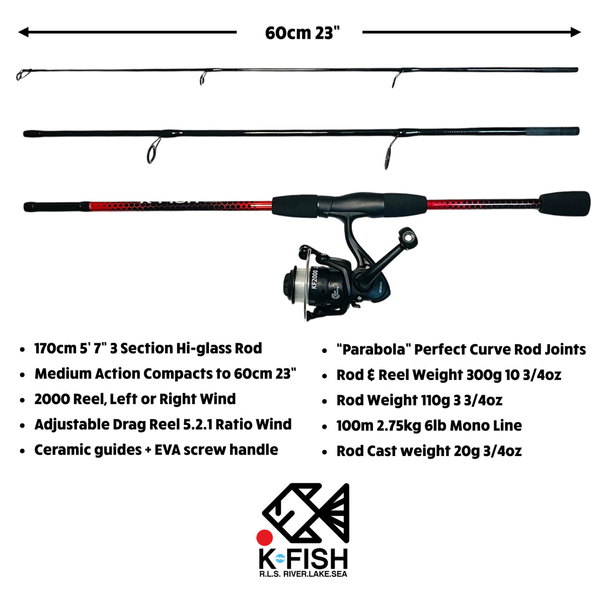 K Fish Combo By Rigged & Ready. 170cm Rod, Reel, Line, Tackle Box, Tackle, Fishing Guide (60cm compact)