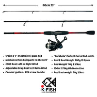 K Fish Combo By Rigged & Ready. 170cm Rod, Reel, Line, Tackle Box, Tackle, Fishing Guide (60cm compact)