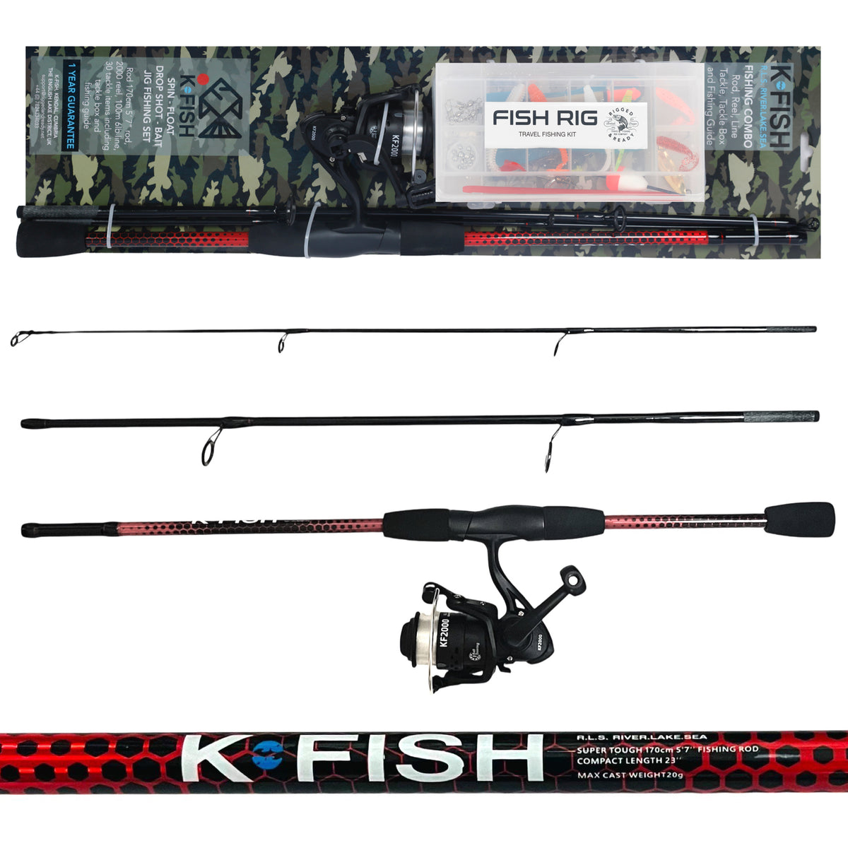 K Fish Combo By Rigged & Ready. 170cm Rod, Reel, Line, Tackle Box, Tackle, Fishing Guide (60cm compact)