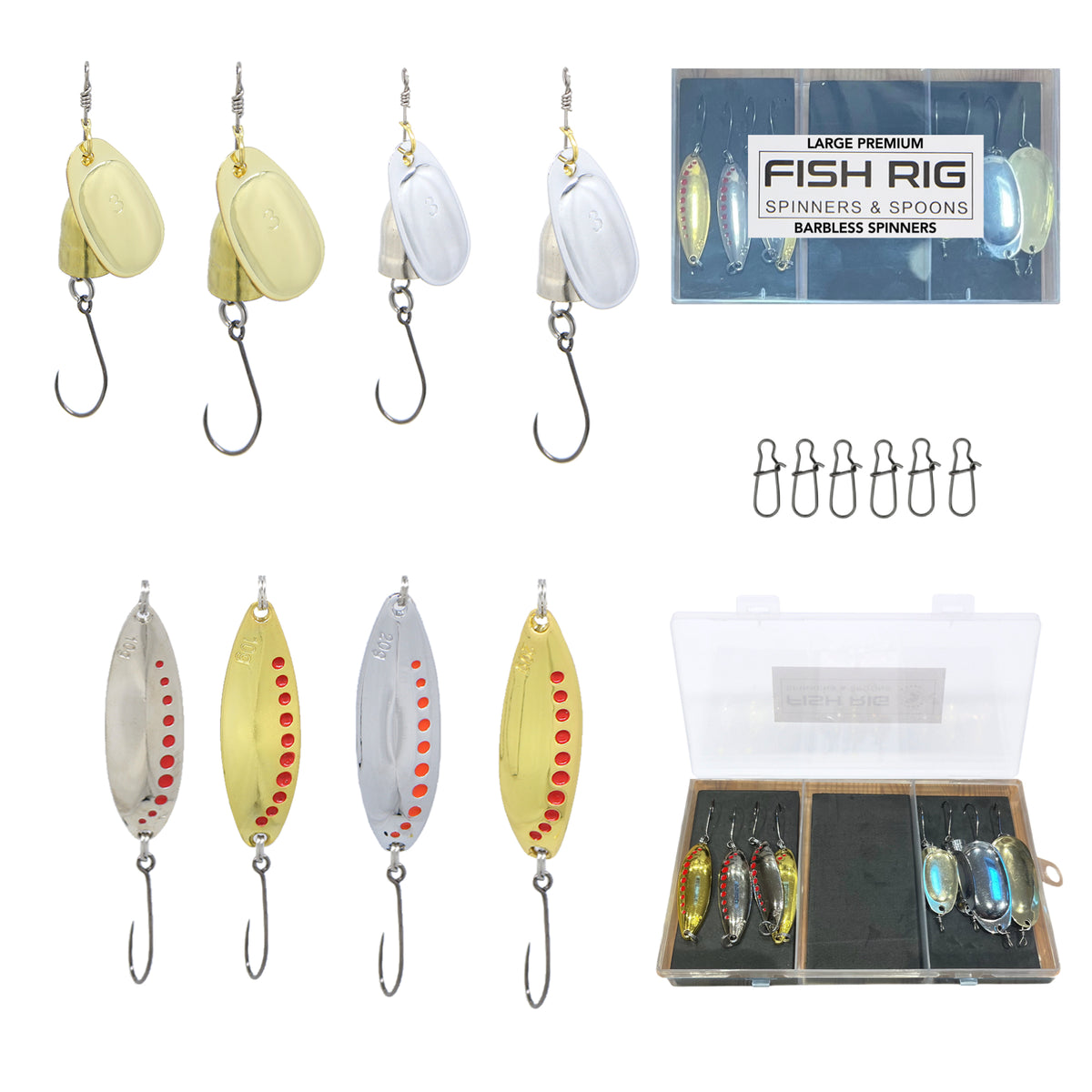 Fish Rig 8 Large Spinners & Spoons Set Fish Rig 100% Barbless