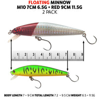 Fish Rig Floating Minnow - 2 Pack - Red 9cm 11.5g + Green 7cm 6.5g - Fish Rig Premium Barbless Lures + VMC Hooks