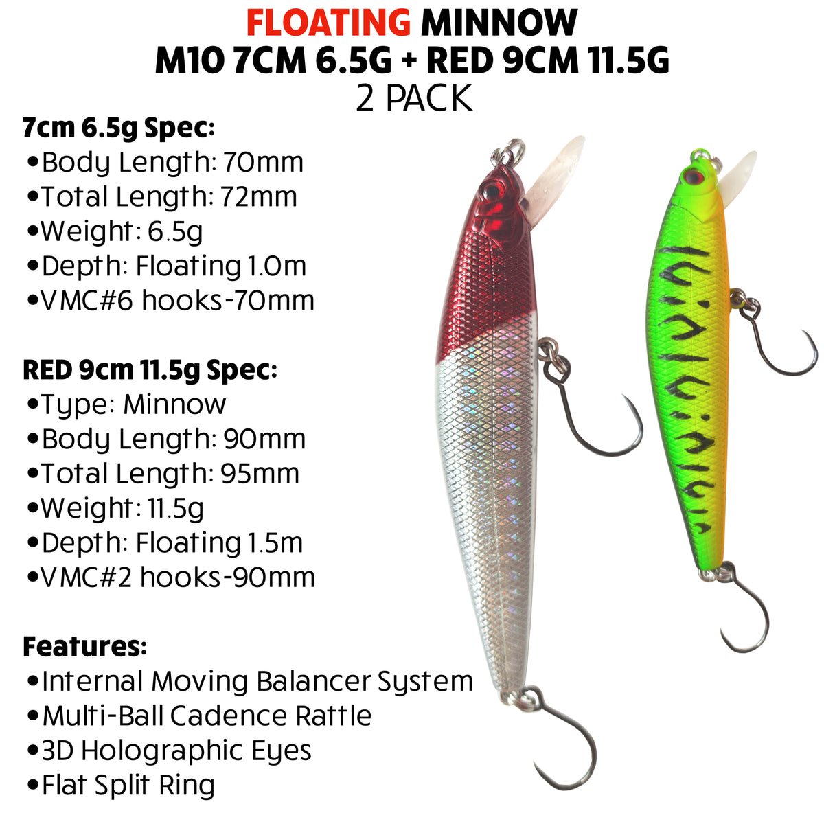 Fish Rig Floating Minnow - 2 Pack - Red 9cm 11.5g + Green 7cm 6.5g - Fish Rig Premium Barbless Lures + VMC Hooks