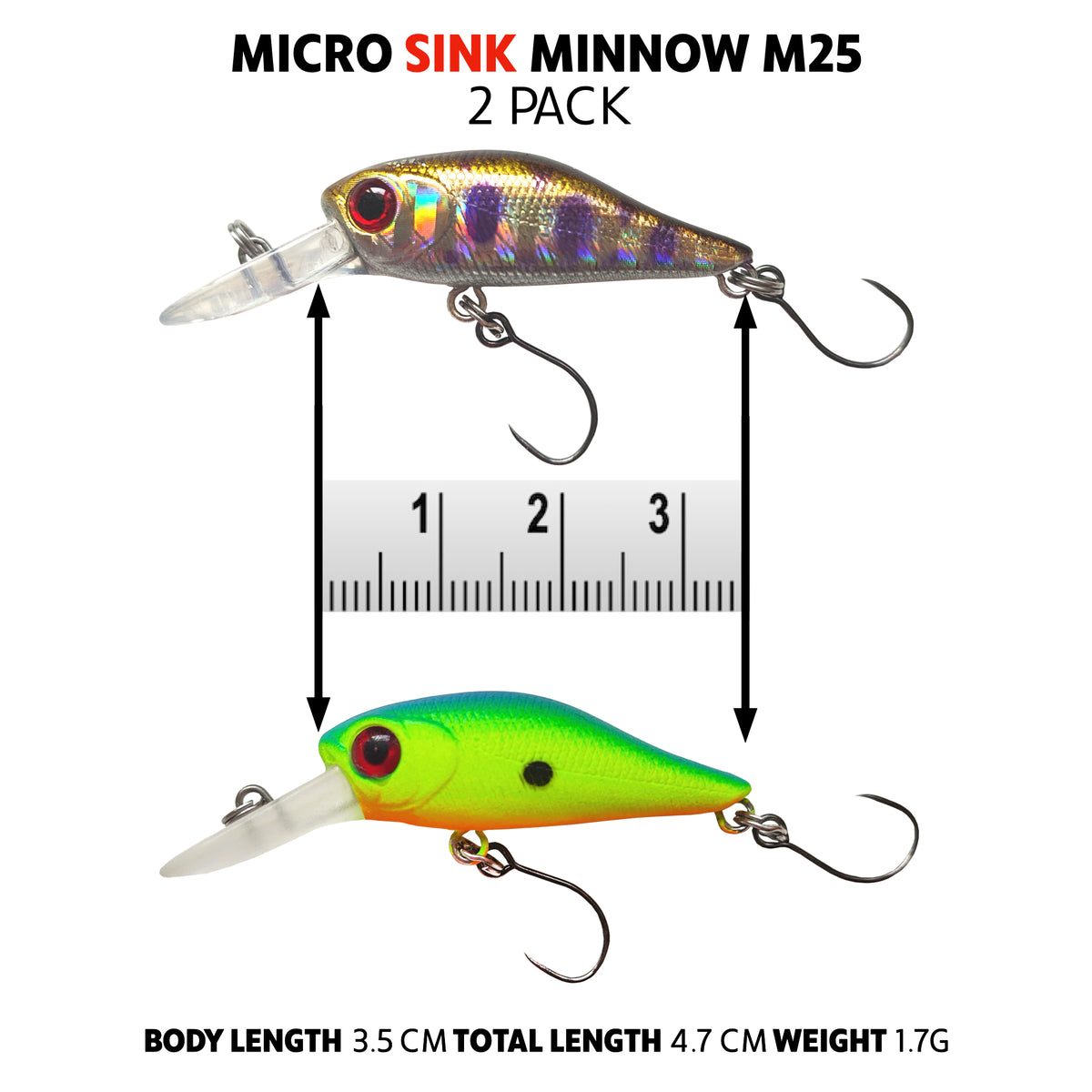 Fish Rig Sink Micro Minnow 2 Pack - Fish Rig Premium Lures Barbless + VMC hooks, Body 3.5cm, Total Length 4.7cm, 1.7g