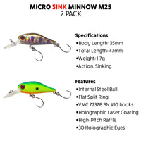 Fish Rig Sink Micro Minnow 2 Pack - Fish Rig Premium Lures Barbless + VMC hooks, Body 3.5cm, Total Length 4.7cm, 1.7g