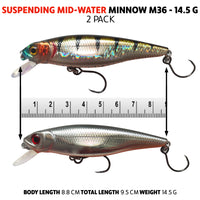 Fish Rig Suspending Mid-Water Minnow 14.5g 8.5cm - 2 Pack - Fish Rig Premium Barbless Lures + VMC Hooks