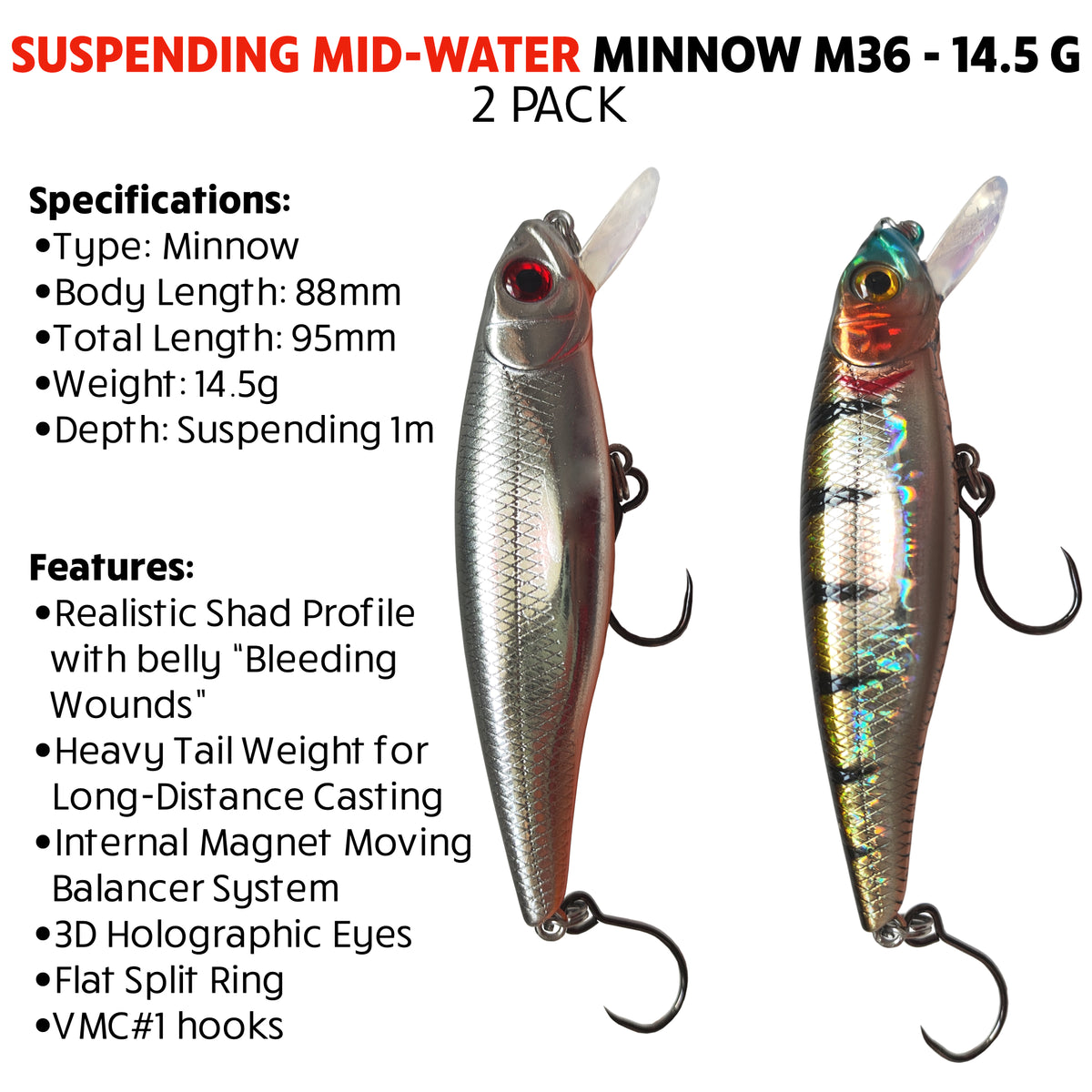 Fish Rig Suspending Mid-Water Minnow 14.5g 8.5cm - 2 Pack - Fish Rig Premium Barbless Lures + VMC Hooks