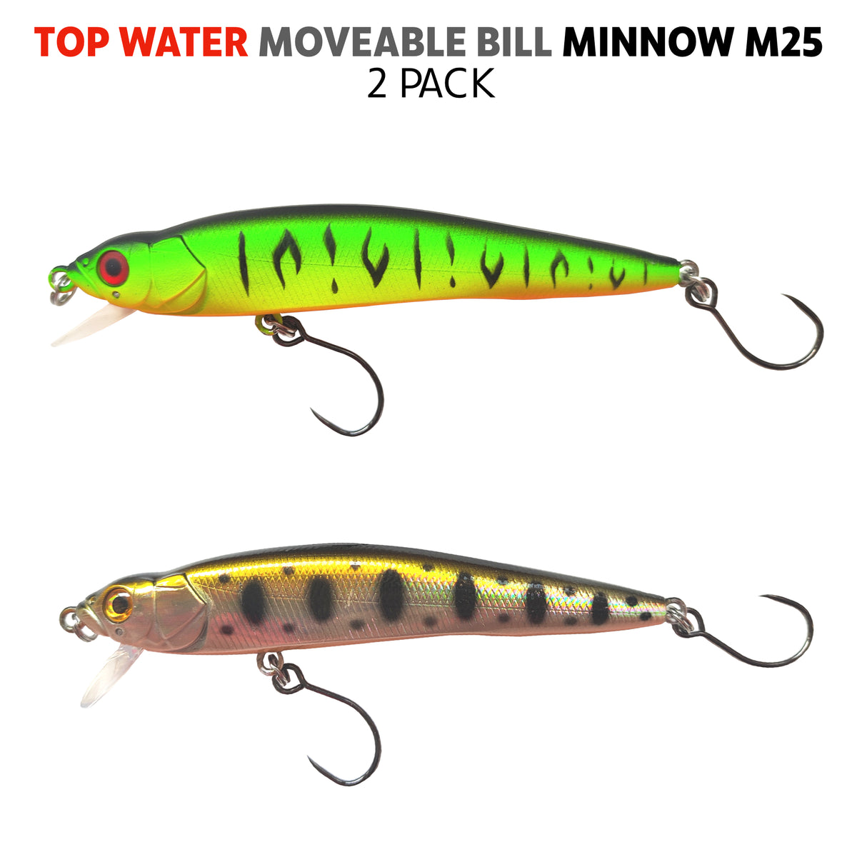 Fish Rig Top Water "Moveable Bill" Minnow 9cm 8g - 2 PACK - Fish Rig Premium Barbless Lures + VMC Hooks