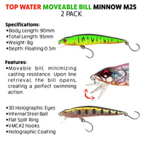 Fish Rig Top Water "Moveable Bill" Minnow 9cm 8g - 2 PACK - Fish Rig Premium Barbless Lures + VMC Hooks