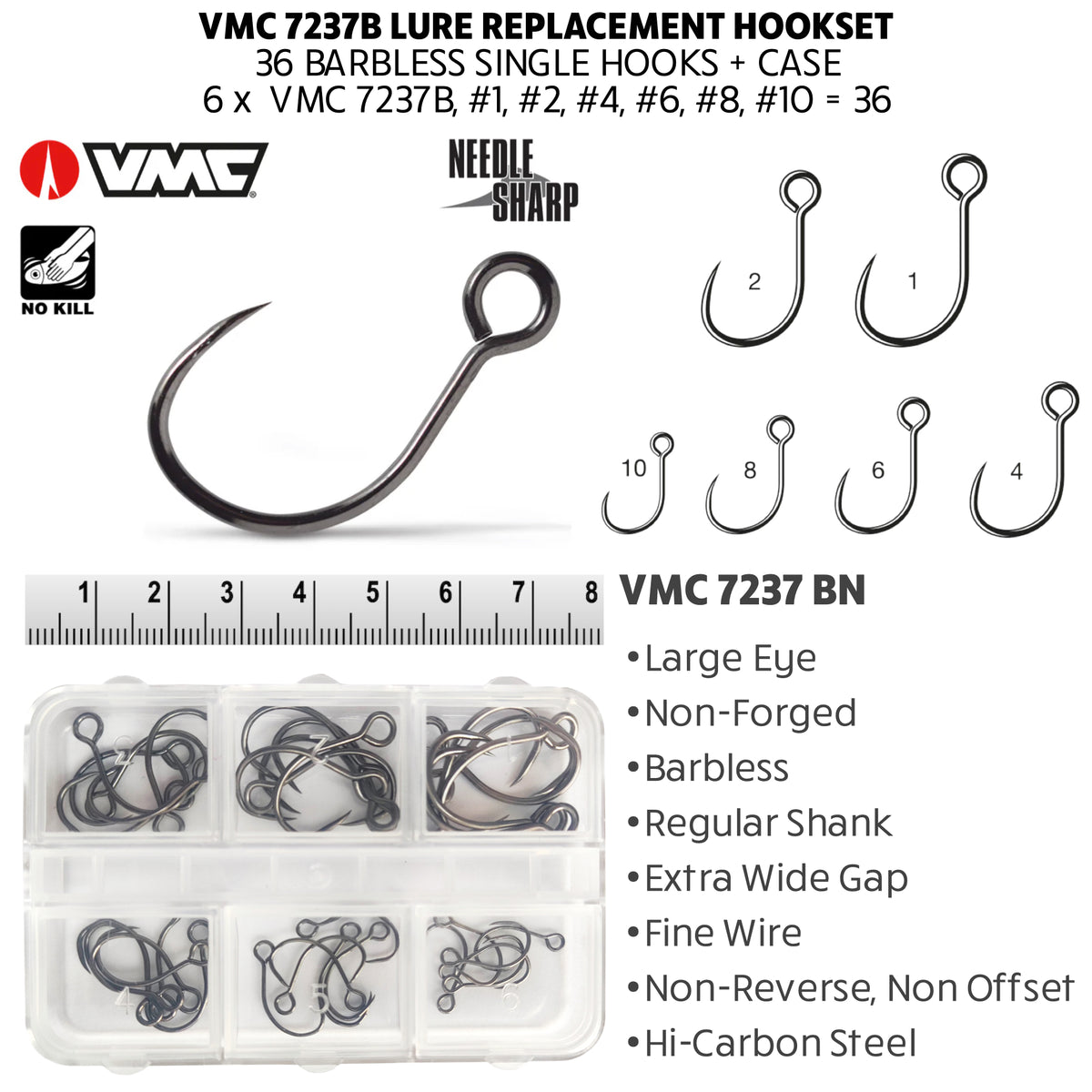 Exclusive. VMC Lure Replacement Hookset + Case. 36 Barbless Single Hooks.  6 x #1, #2, #4, #6, #8, #10