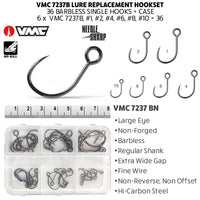 Exclusive. VMC Lure Replacement Hookset + Case. 36 Barbless Single Hooks.  6 x #1, #2, #4, #6, #8, #10