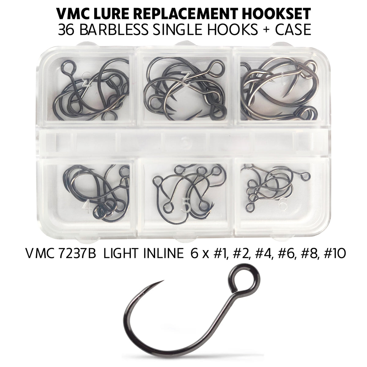 Exclusive. VMC Lure Replacement Hookset + Case. 36 Barbless Single Hooks.  6 x #1, #2, #4, #6, #8, #10