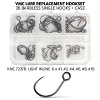 Exclusive. VMC Lure Replacement Hookset + Case. 36 Barbless Single Hooks.  6 x #1, #2, #4, #6, #8, #10