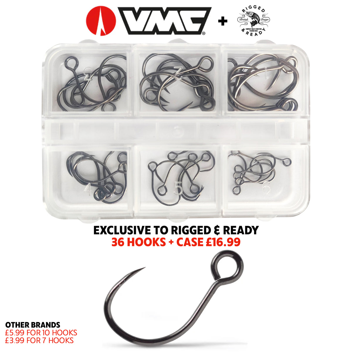 Exclusive. VMC Lure Replacement Hookset + Case. 36 Barbless Single Hooks.  6 x #1, #2, #4, #6, #8, #10
