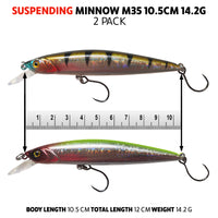 Fish Rig Suspending Minnow 10.5cm 14.2g - 2 Pack - Fish Rig Premium Barbless Lures + VMC Hooks