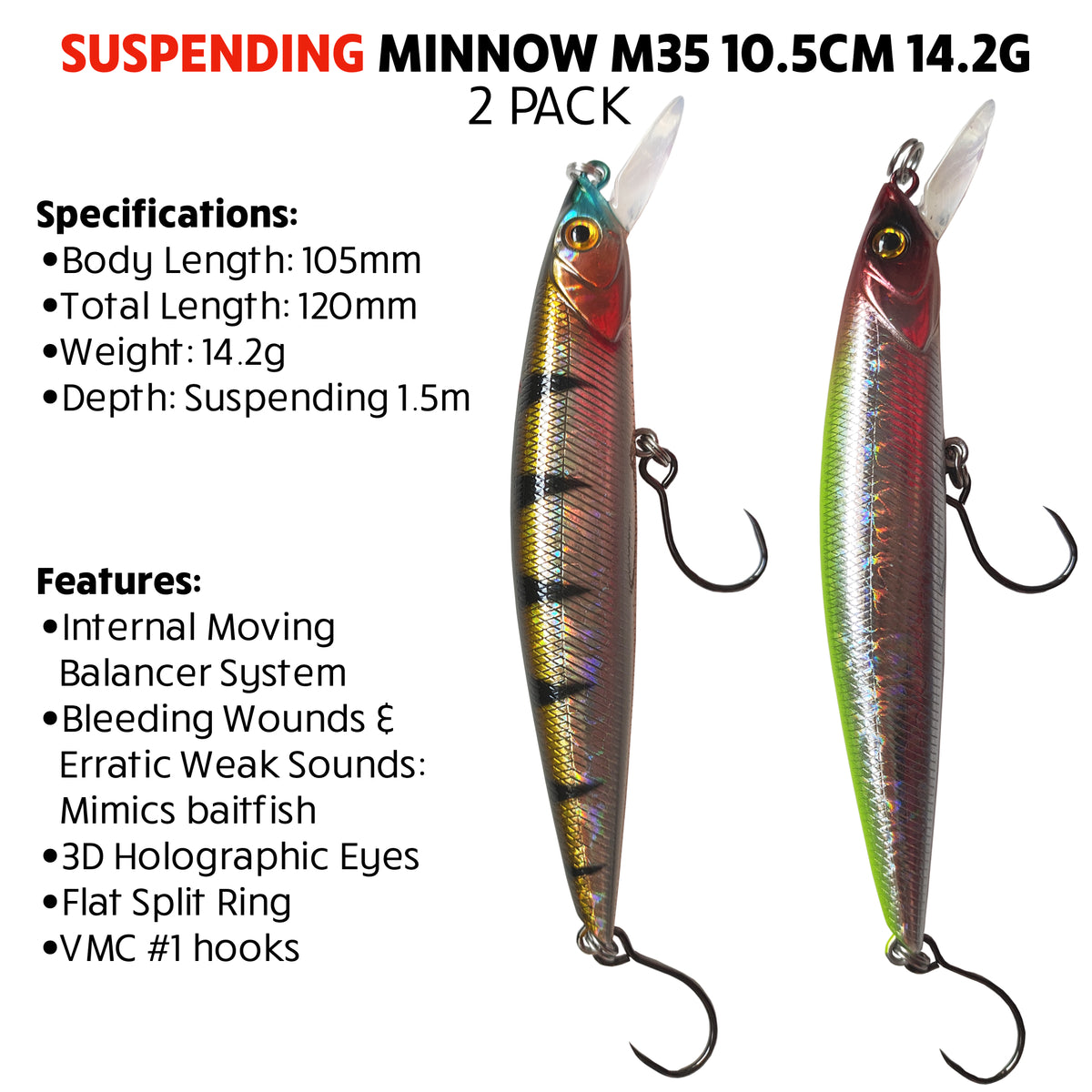 Fish Rig Suspending Minnow 10.5cm 14.2g - 2 Pack - Fish Rig Premium Barbless Lures + VMC Hooks