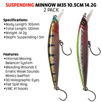 Fish Rig Suspending Minnow 10.5cm 14.2g - 2 Pack - Fish Rig Premium Barbless Lures + VMC Hooks