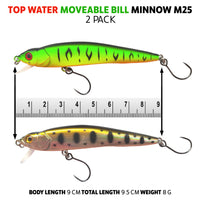 Fish Rig Top Water "Moveable Bill" Minnow 9cm 8g - 2 PACK - Fish Rig Premium Barbless Lures + VMC Hooks