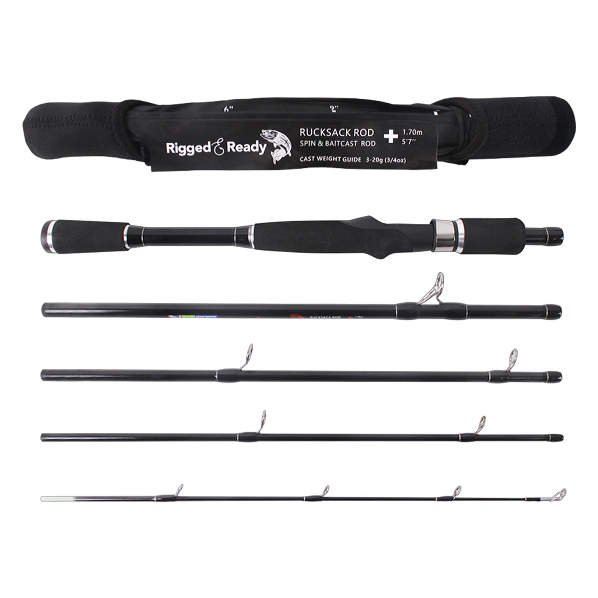 Rucksack Spin & Baitcasting Rod. Super-Compact 5’ 7” 170cm 5 Sections + neoprene case. 1 rod + Micro-trigger = Spin or Casting