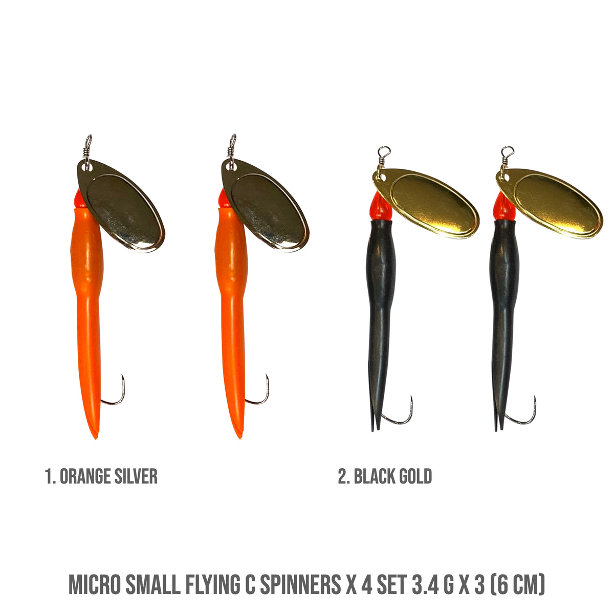 Small Barbless Flying C Spinners  x 4. Flying Condom Micro Spinner Set - 3.4g, 6cm - Single Hook. Exclusive to Rigged and Ready