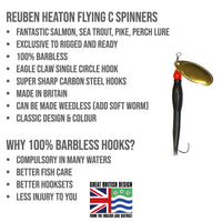 Small Barbless Flying C Spinners  x 4. Flying Condom Micro Spinner Set - 3.4g, 6cm - Single Hook. Exclusive to Rigged and Ready