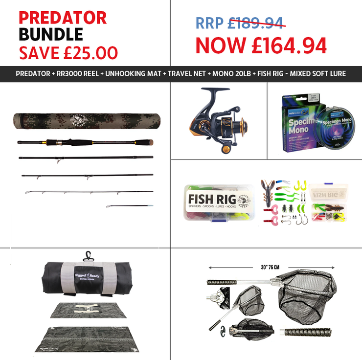 SPECIAL DEAL – PREDATOR ROD + RR3000 REEL, UNHOOKING MAT, NET, 20LB MONO LINE & MIXED SOFT LURE RIG RRP £189.94 NOW £164.94*