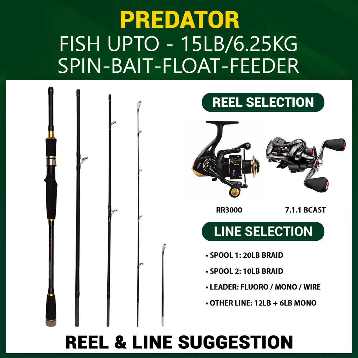 Predator. Unique Spin-Baitcast Rod + Micro Trigger 220cm 7'3"+185cm 6' Lengths + 2 Tips